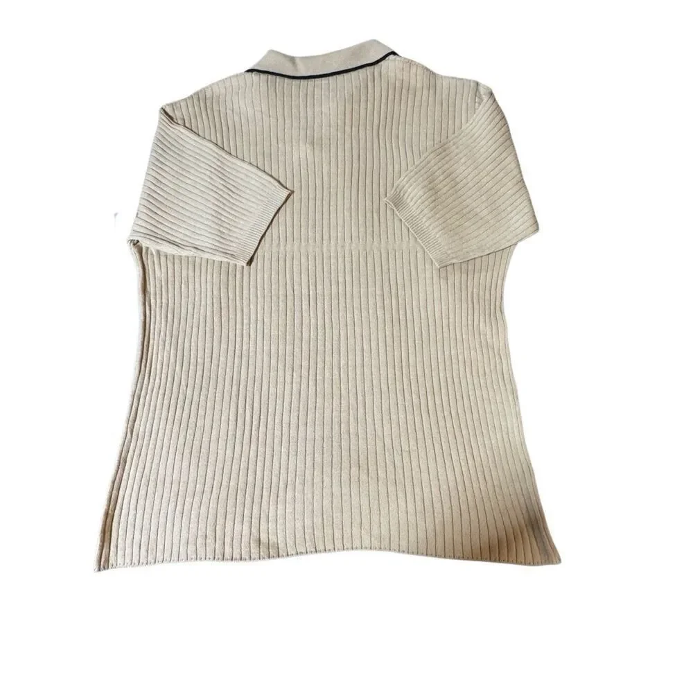 Beige rib knitted short sleeve polo shirt M
